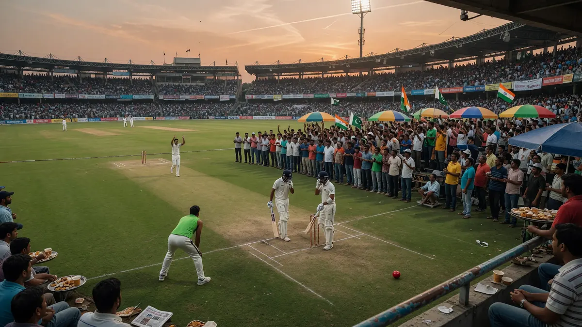 Wide dusk view of a packed cricket stadium with two batters in white kits at the crease, a fielder in a green vest nearby, and spectators under colourful umbrellas
