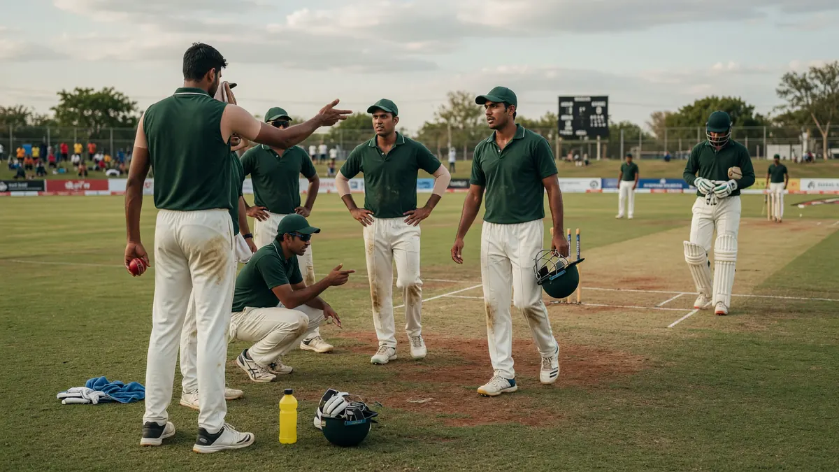 Cricketers in green polo shirts and white trousers gather on a grass field as one player points while speaking, with helmets, gloves and a yellow bottle on the ground