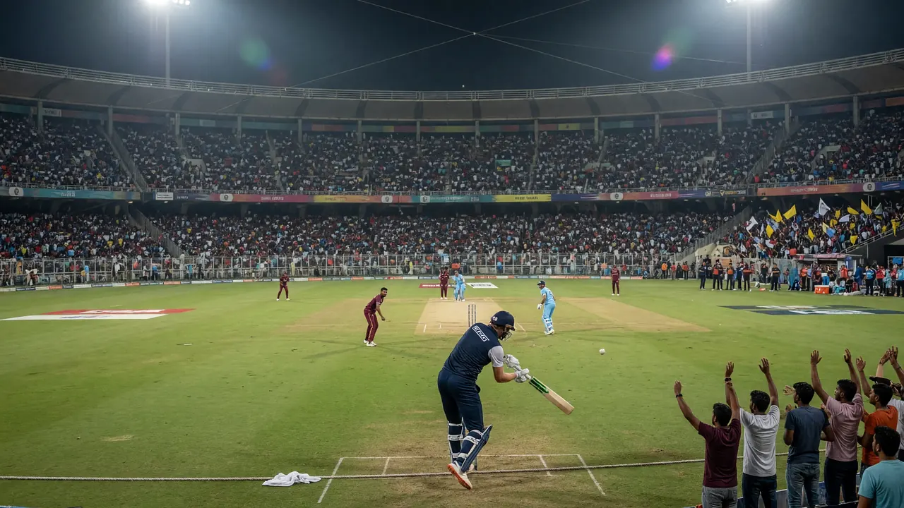 Wide night view of a packed IPL cricket stadium with floodlights, green outfield and crowd in the stands