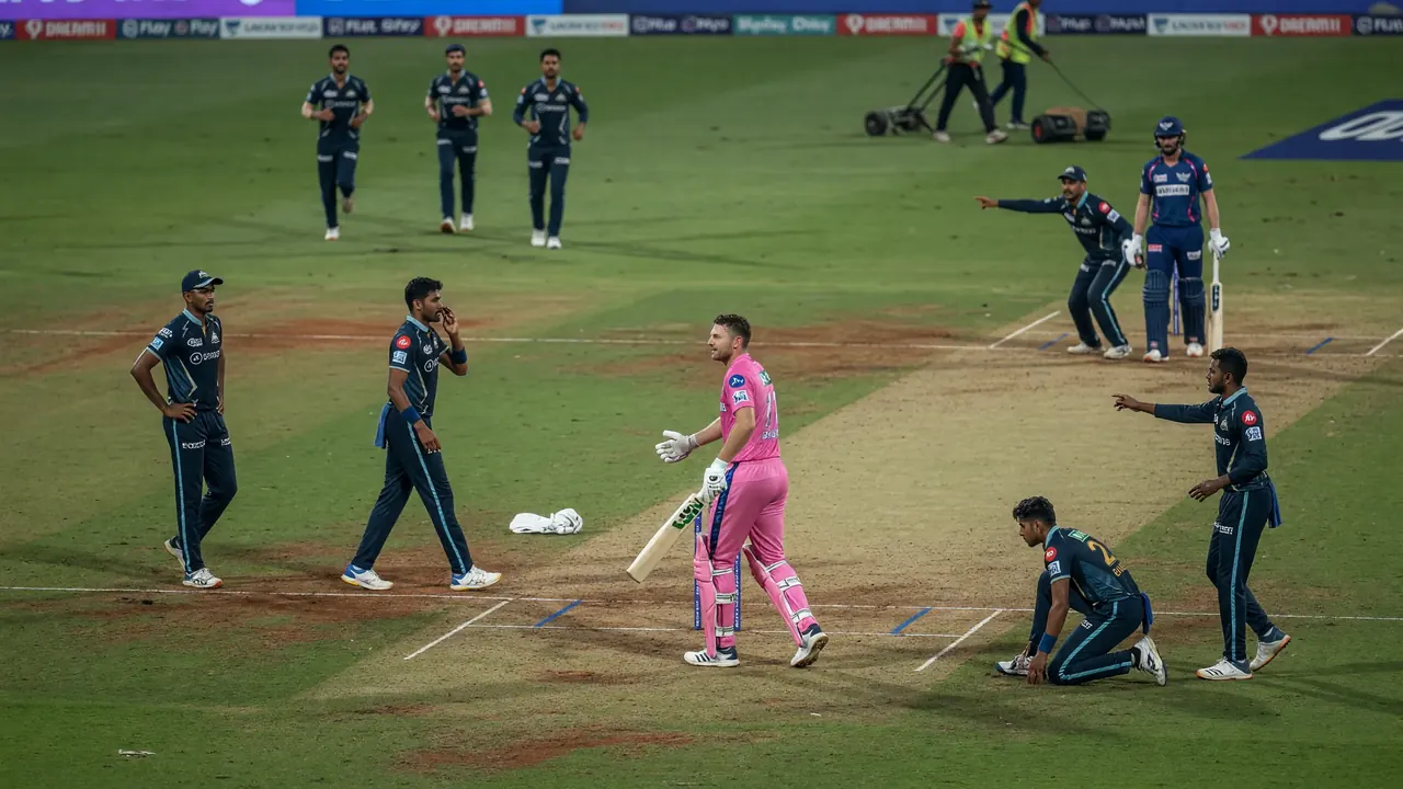 Two cricket players in coloured kit talking near the edge of the field with a helmet on the grass