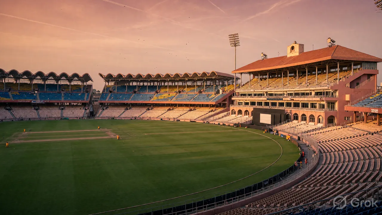 Wide establishing view of the Jaipur cricket ground at late afternoon, with empty green outfield and warm light on the pavilion end