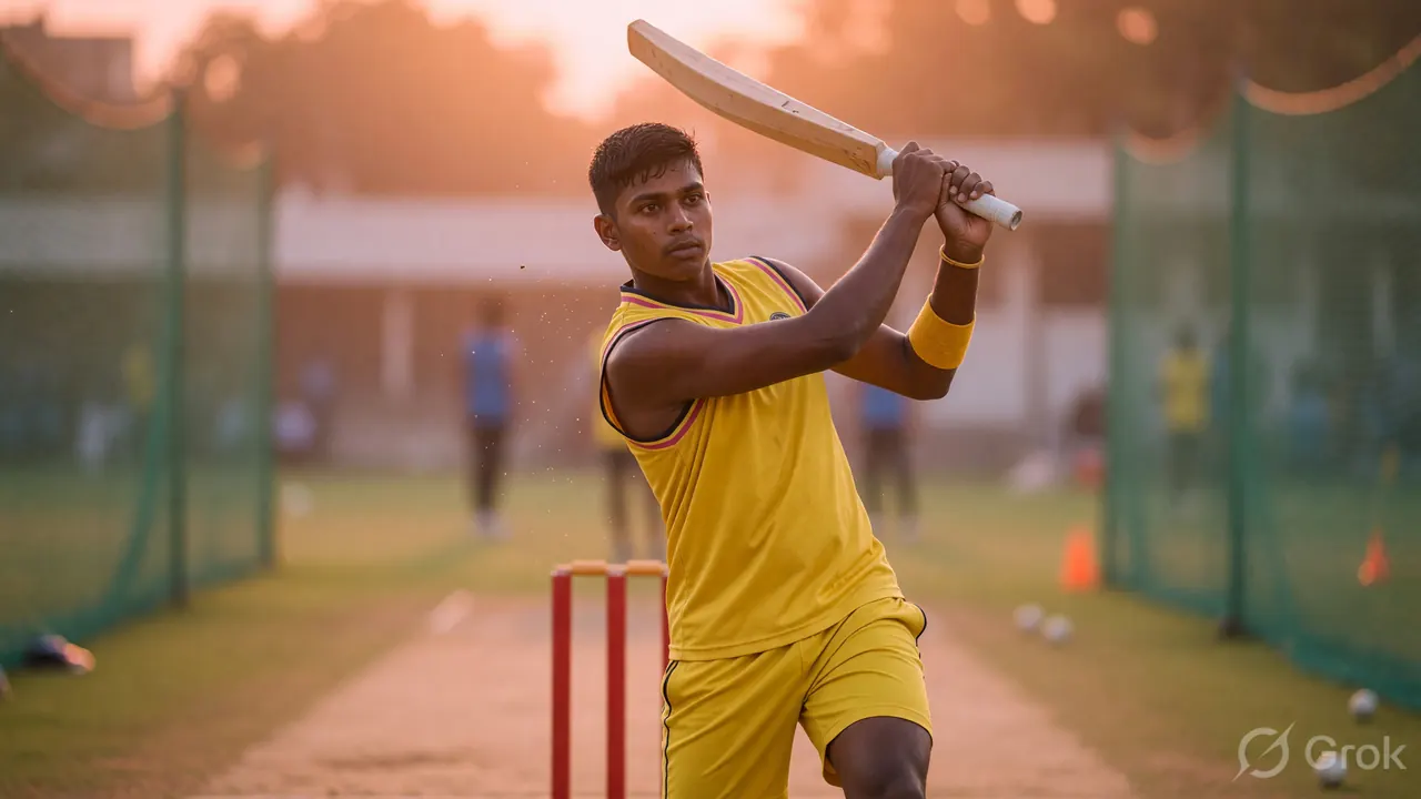 Editorial sports photograph used to mark the captain-pick section: a young Indian opener in yellow kit photographed during a daytime training session