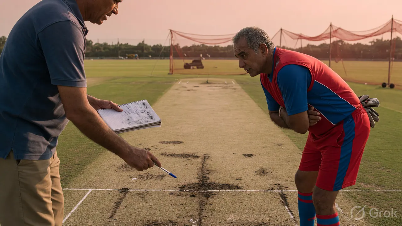Editorial sports photograph used as tactical-side context: a coach beside a practice strip showing a notebook to a senior player, captured at medium focal length
