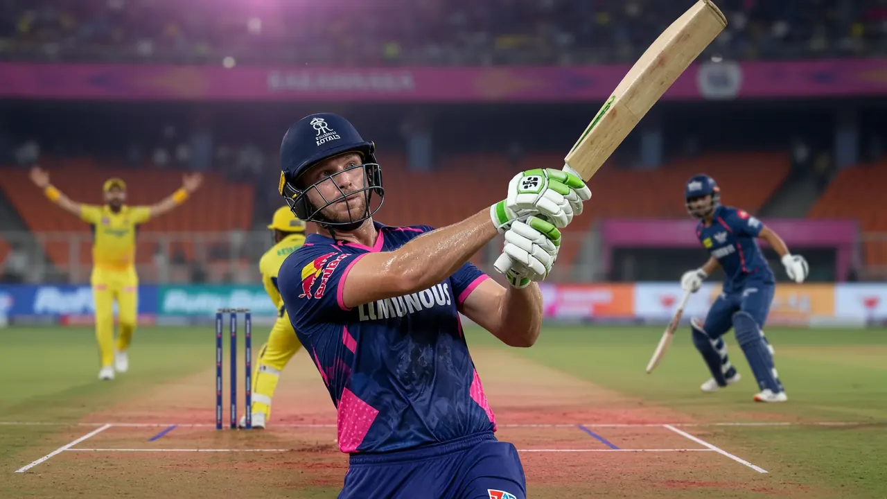 Cricket batter in coloured kit playing an attacking shot under stadium lights with blurred crowd behind