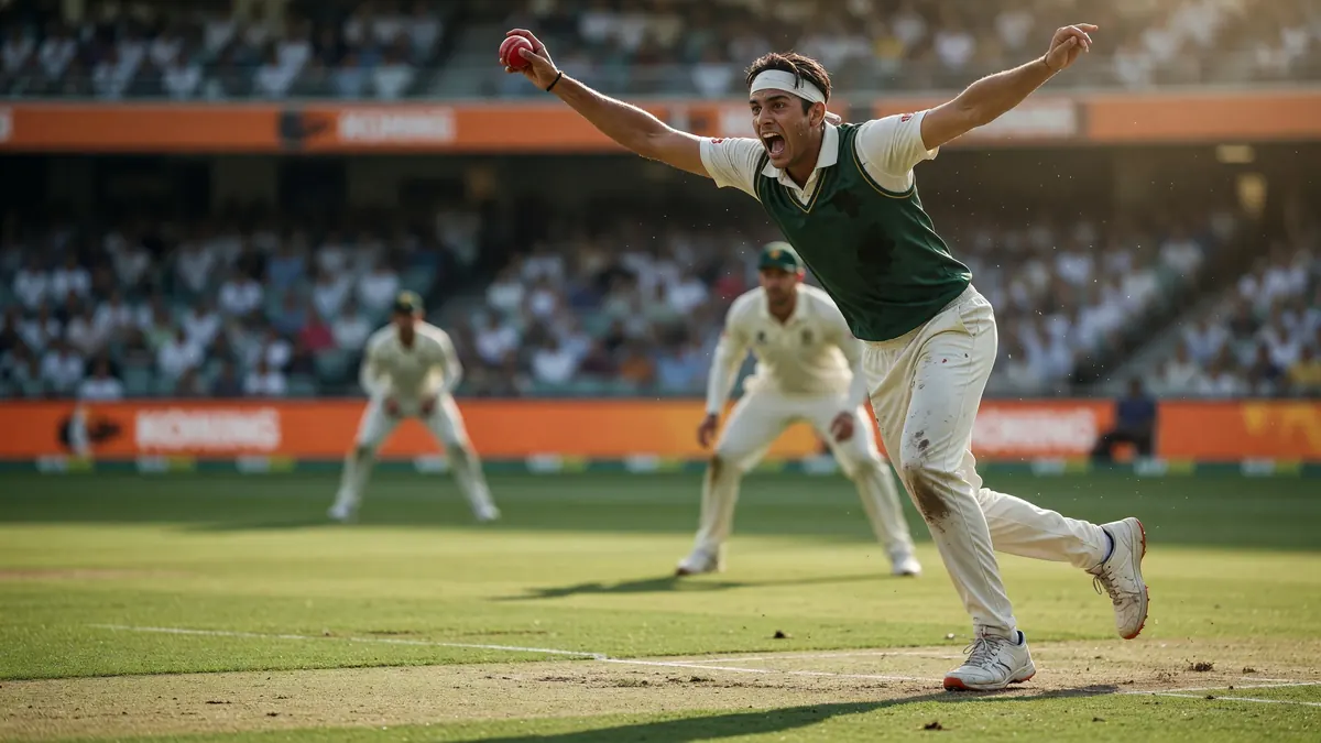A pace bowler in a green sleeveless sweater over white trousers celebrates with a red cricket ball raised, teammates in whites behind him on a grass outfield
